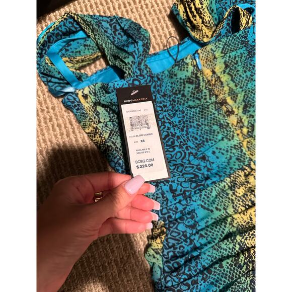 BCBGMAXAZRIA Blue and Green Snakeskin Print Cocktail Dress XS Size NWT - Picture 5 of 5